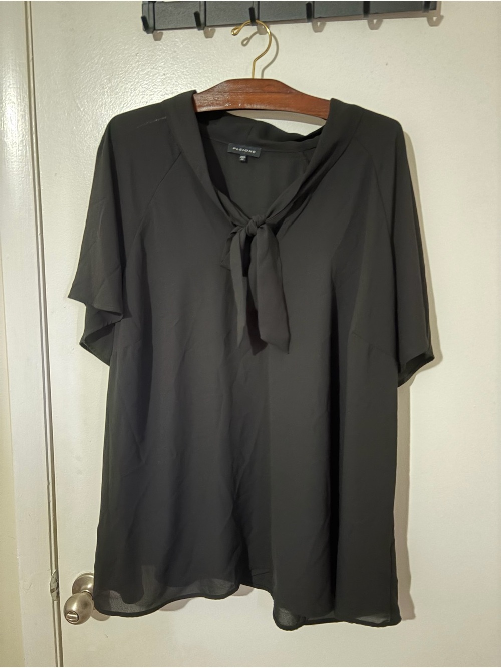 Pleione Black Tie-Neck Short Sleeve Blouse Plus Size 2X